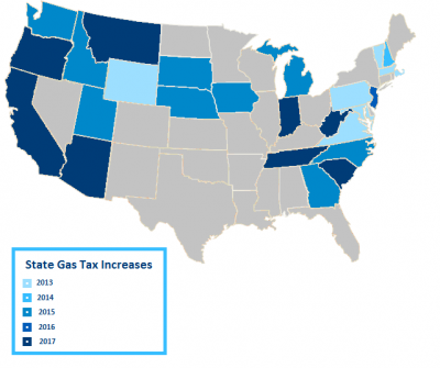 USA map showing state gas tax increases